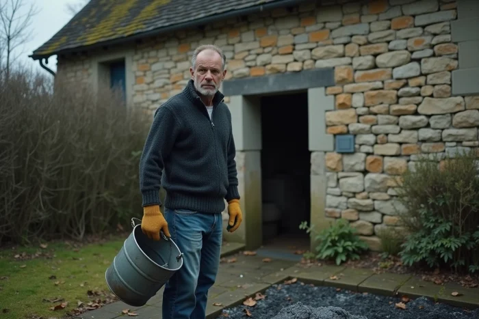 Homme vidant un seau de cendres dans un jardin en automne devant une maison en pierre avec une expression inquiète