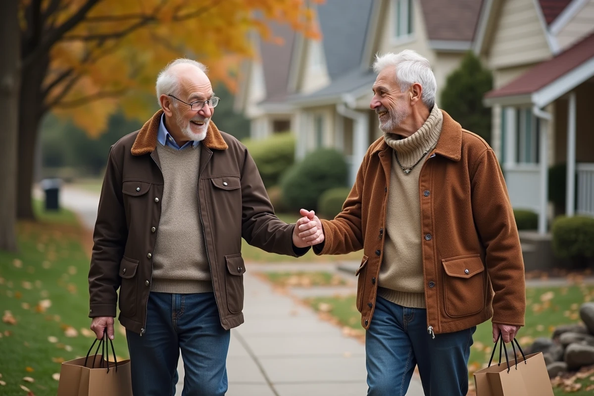 Deux hommes âgés échangeant un salut amical dans la rue résidentielle