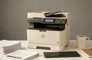 Imprimante HP LaserJet Pro M281fdw posée sur un bureau de bureau moderne avec des documents imprimés et un clavier sans fil