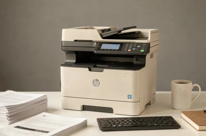 Imprimante HP LaserJet Pro M281fdw posée sur un bureau de bureau moderne avec des documents imprimés et un clavier sans fil