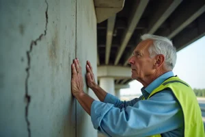 Ingénieur âgé examine un pilier de pont en béton usé