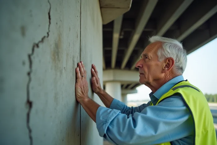 Ingénieur âgé examine un pilier de pont en béton usé