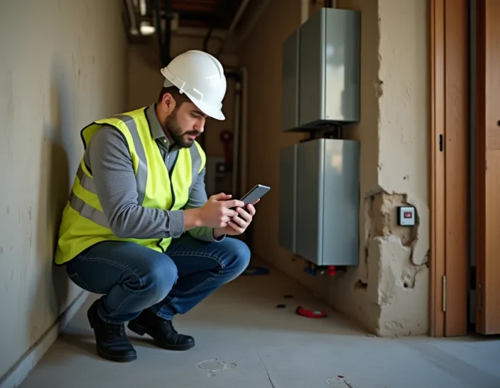 Inspecteur immobilier consultant une application de diagnostic sur smartphone lors d'une visite technique