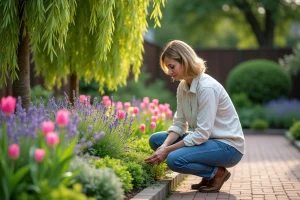 Femme en jardinage près du Salix integra Hakuro Nishiki