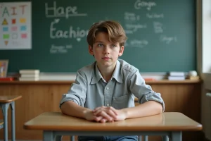 Jeune adolescent assis pensif en classe moderne