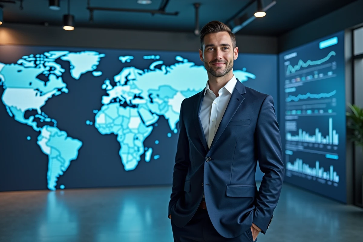 Jeune économiste devant une carte mondiale numérique en open space
