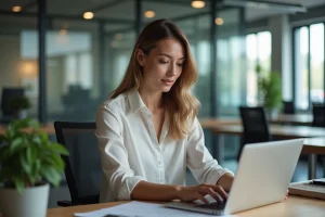 Jeune femme au bureau regardant son ordinateur portable