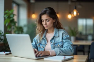 Jeune femme en coworking travaillant sur un ordinateur portable