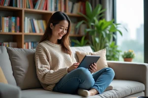 Jeune femme lisant manga sur tablette dans son salon cosy
