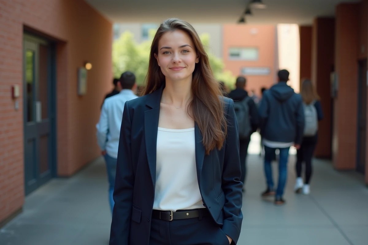 Jeune femme marchant confiante devant un lycée