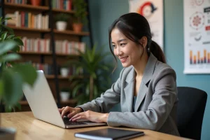 Jeune femme en coworking utilisant un ordinateur pour marketing digital
