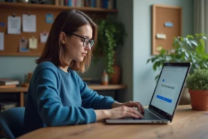 Jeune femme studieuse utilisant un ordinateur portable à la maison