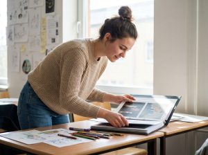 Jeune femme assemble un portfolio dans un espace moderne
