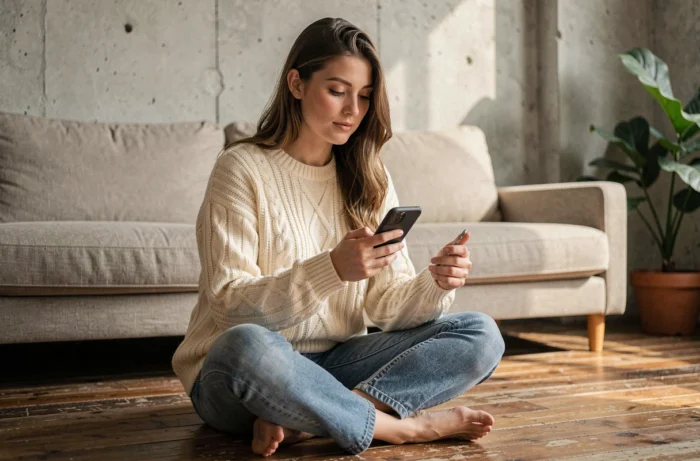 Jeune femme décontractée portant un pull oversize FB Sister en maille crème, assise sur un parquet dans un appartement minimaliste