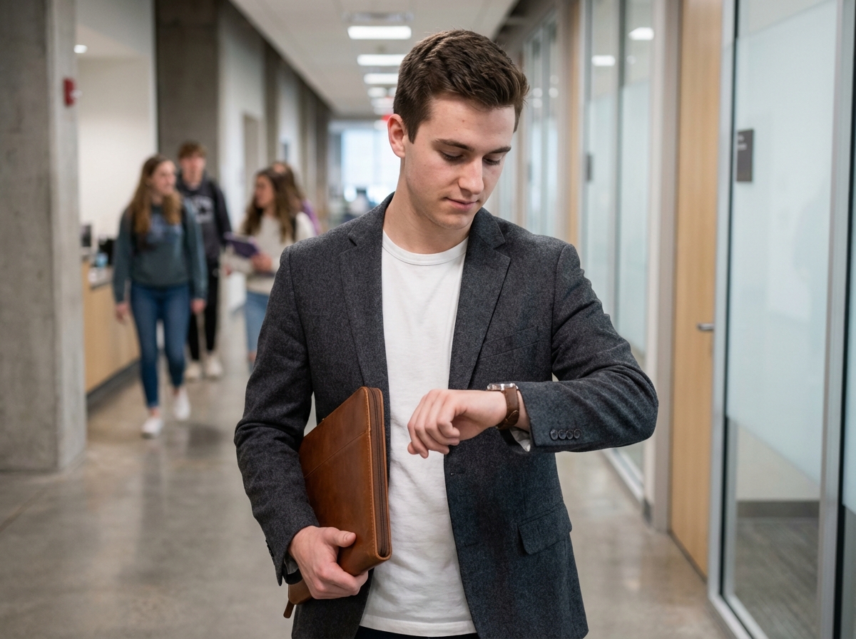 Jeune homme confiant dans un couloir universitaire