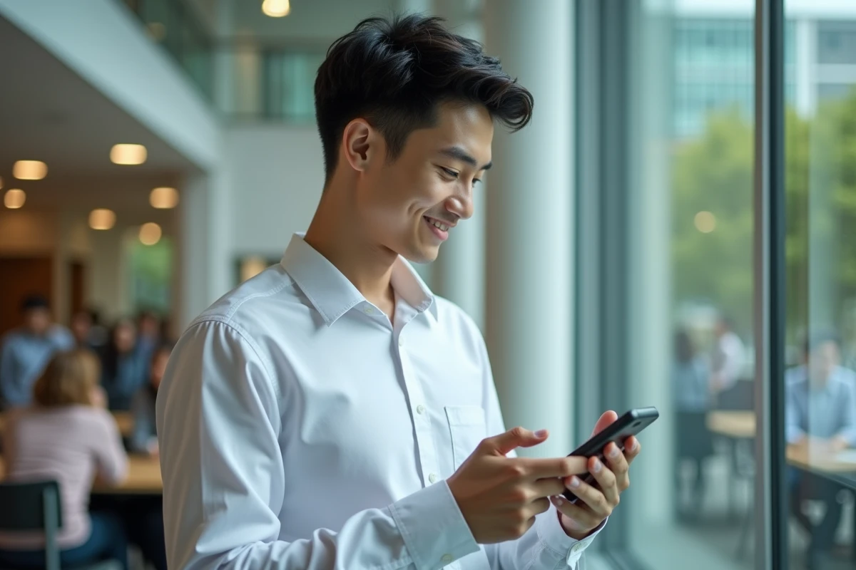 Jeune homme souriant utilisant son smartphone dans un espace universitaire
