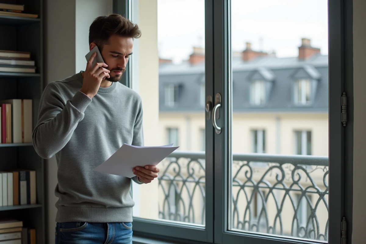 Jeune homme parlant au téléphone près d une fenêtre parisienne