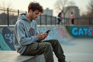 Jeune homme en sweat et cargo dans un skatepark urbain