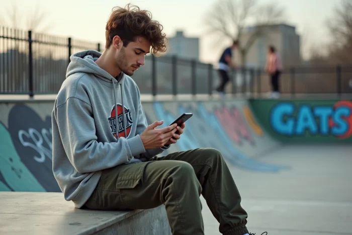 Jeune homme en sweat et cargo dans un skatepark urbain