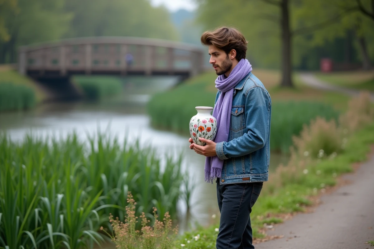 Jeune homme contemplant un vase peint au bord de la rivière