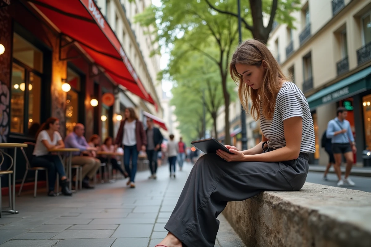 Jeune illustratrice dans un café parisien animé