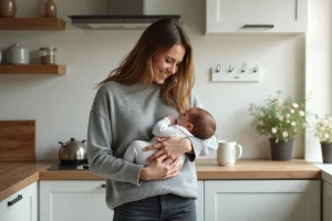 Jeune mère souriante tenant son nouveau-né dans une cuisine moderne, illustrant les défis du quotidien des jeunes parents
