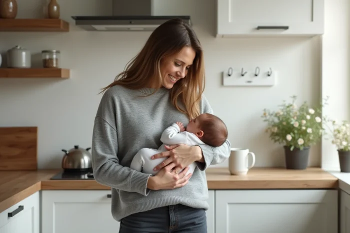 Jeune mère souriante tenant son nouveau-né dans une cuisine moderne, illustrant les défis du quotidien des jeunes parents