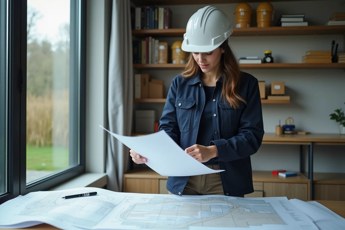 Jeune femme géomètre consultant plans dans un bureau moderne