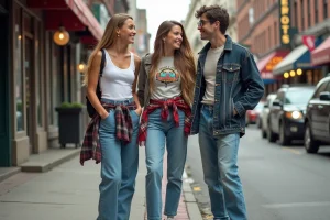 Groupe d'adolescents en mode 90s dans la rue urbaine