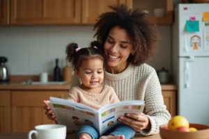 Maman et sa fille feuilletant un magazine en cuisine