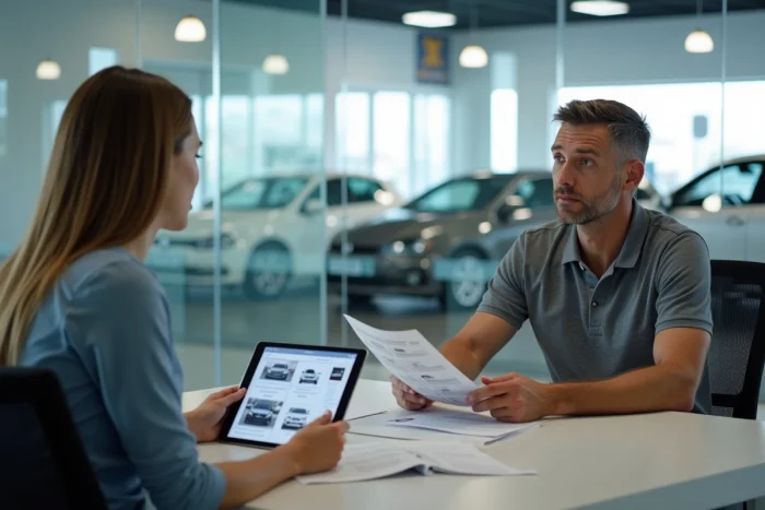 Homme discutant d'offres automobiles avec un conseiller dans un bureau de concession