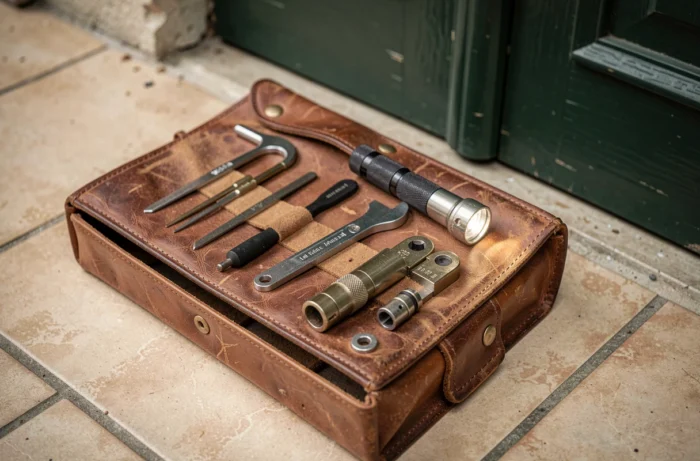 Trousse à outils d'un serrurier posée devant une porte lors d'une intervention d'urgence
