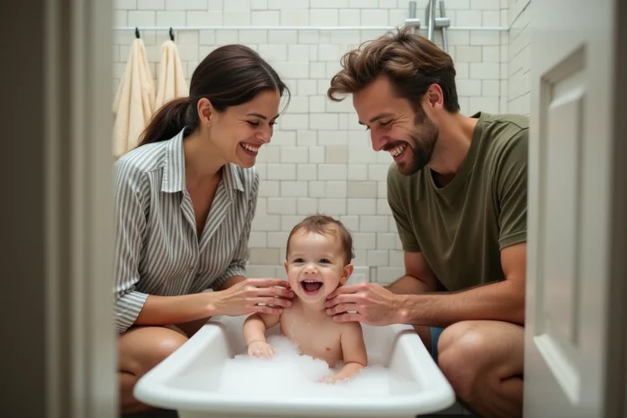 Jeune couple donnant le bain à leur enfant en bas âge dans une salle de bain familiale, scène joyeuse de vie quotidienne parentale