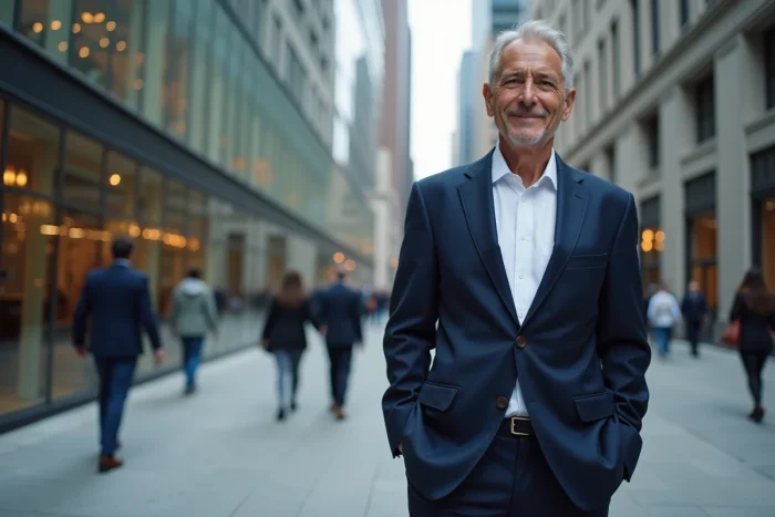 Portrait d'un homme d'affaires influent devant un immeuble du quartier financier, symbolisant le patrimoine et la réussite de Roger Erhart