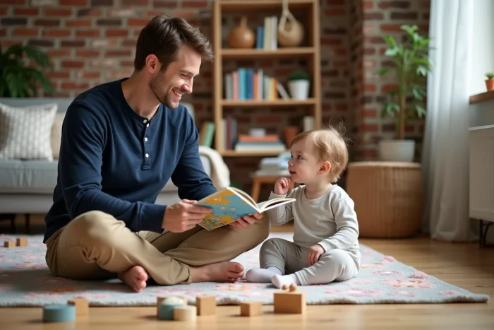 Jeune père lisant un livre illustré à sa petite fille sur un tapis de jeu, moment de complicité parentale à la maison