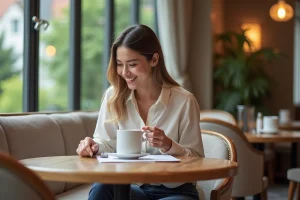 Femme souriante au petit déjeuner dans un hôtel avec menu LPD