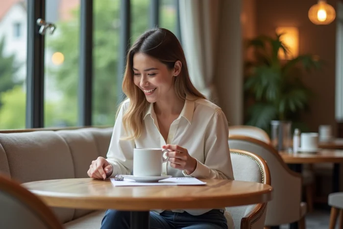 Femme souriante au petit déjeuner dans un hôtel avec menu LPD