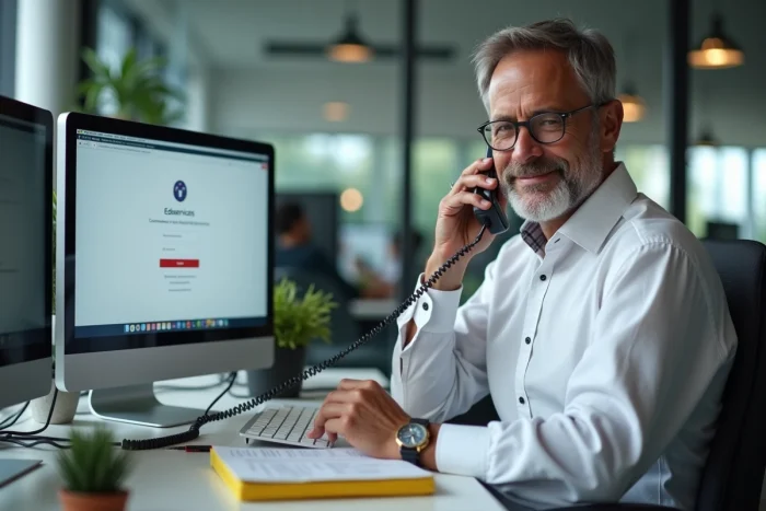 Professionnel contactant le support technique pour résoudre un problème de connexion à Eduservices depuis son bureau en entreprise