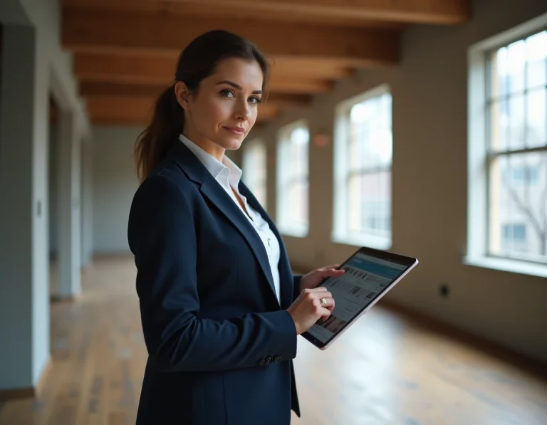 Professionnelle immobilière utilisant une application de diagnostic sur tablette dans un appartement vide