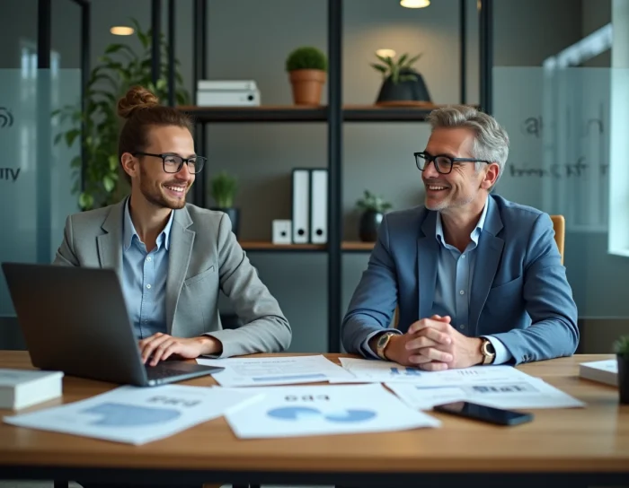 Deux professionnels de l'immobilier comparant des applications de diagnostic sur ordinateur portable en agence