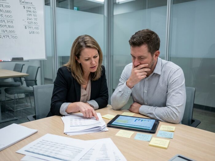 Deux co-gérants de PME en réunion autour de documents financiers complexes, illustrant le temps consacré à la gestion comptable en petite entreprise
