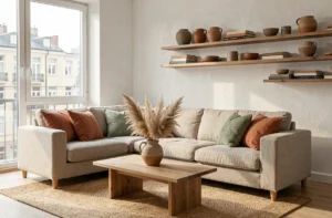 Salon moderne décoré avec canapé en lin, coussins terracotta, table basse en bois et vase en céramique avec herbes de la pampa, tendances déco maison