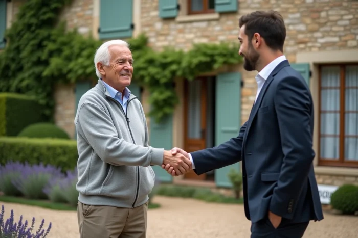 Homme senior serrant la main d'un agent immobilier devant sa maison à vendre avec panneau À Vendre visible