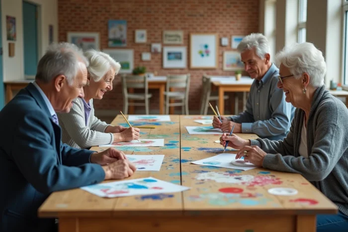 Groupe de seniors participant à un atelier créatif dans un centre communautaire, peignant ensemble pour renforcer les échanges et le lien social entre personnes âgées