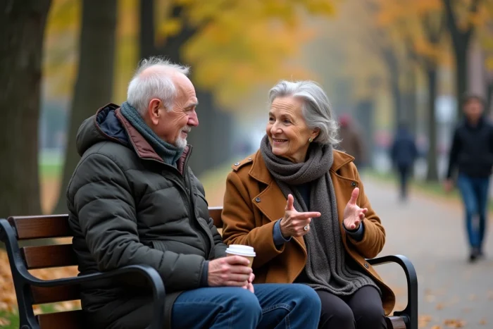 Un couple de seniors en conversation sur un banc de parc en automne, illustrant l'importance du lien social et des échanges entre personnes âgées à l'extérieur