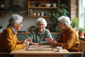 Trois femmes seniors riant ensemble autour d'une table en bois pendant un jeu de société, favorisant le lien social et l'échange entre personnes âgées