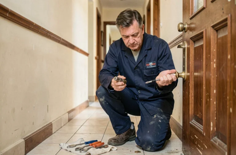 Serrurier professionnel en intervention d'urgence devant une porte d'appartement à Villeurbanne