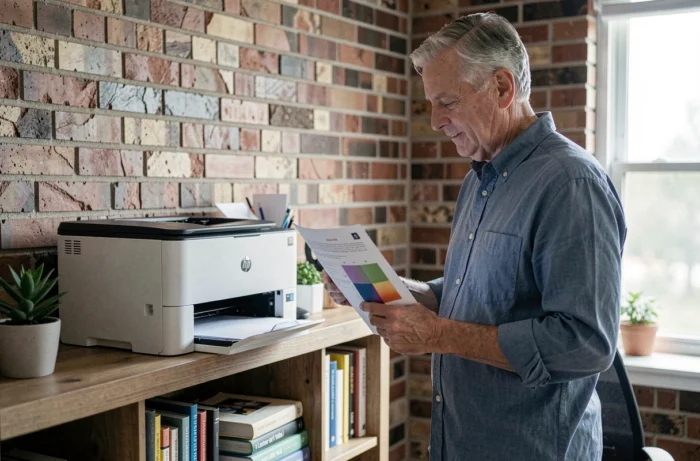 Homme en bureau à domicile consultant un document imprimé par l'imprimante HP LaserJet Pro M281fdw installée sur une étagère en bois