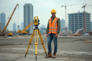 Topographe en vestiaire haute visibilité sur un chantier