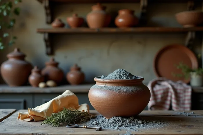 Urne en céramique remplie de cendres de bois posée sur un comptoir de cuisine ancienne entourée d'objets de tradition
